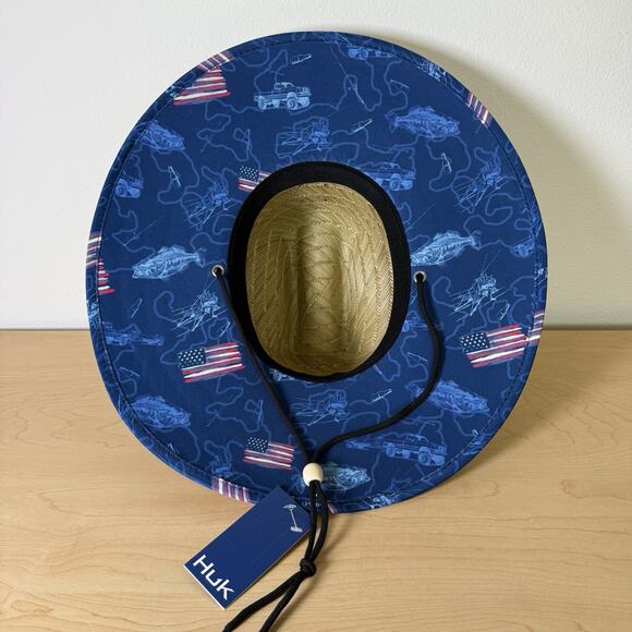 Huk Fishing Fish and Flags Straw Hat NWT One Size Fits Most Beach 4th of July - Picture 4 of 9